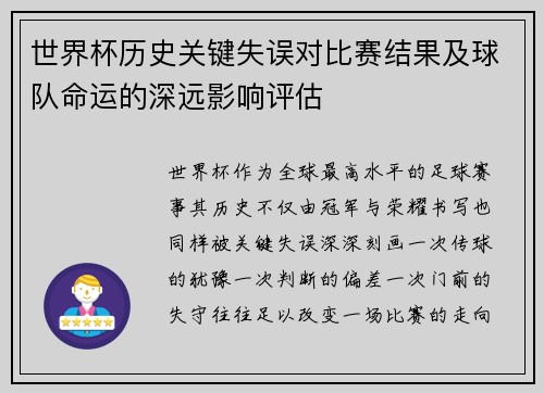 世界杯历史关键失误对比赛结果及球队命运的深远影响评估 世界杯历史关键失误对比赛结果及球队命运的深远影响评估